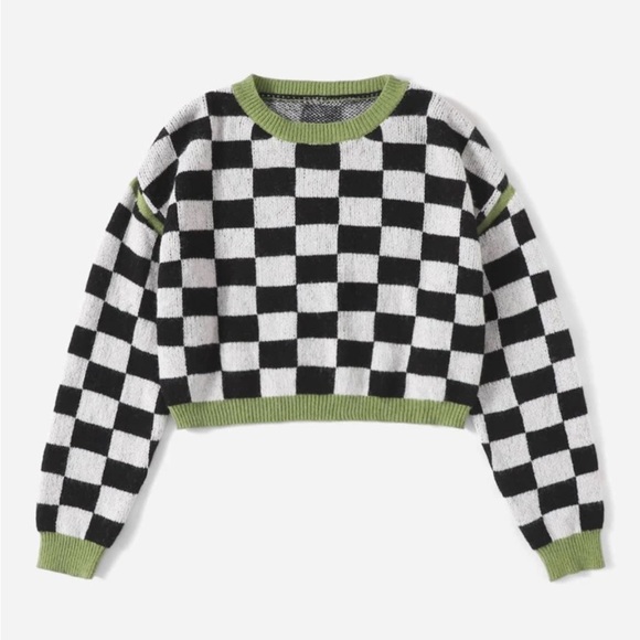 SHEIN Sweaters - Plus Checker Pattern Contrast Trim Sweater